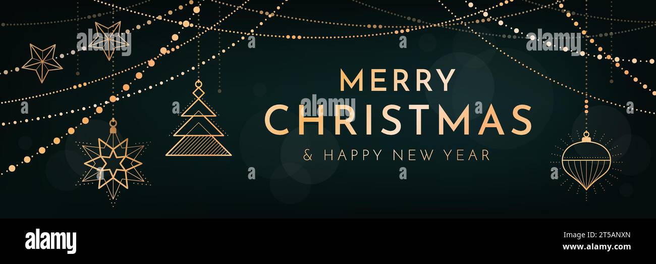 Banner natalizio e felice anno nuovo con decorazioni dorate di lusso appese, spazio copia Illustrazione Vettoriale