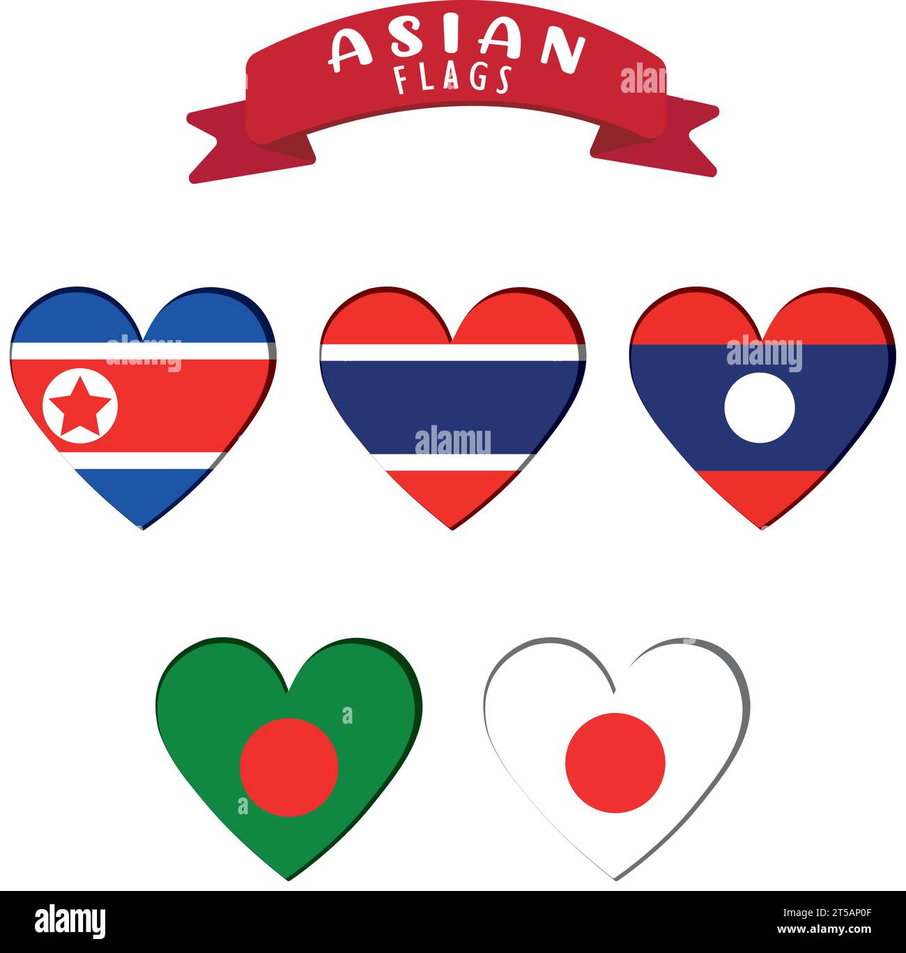 Set di forme cardiache con diverse bandiere asiatiche Vector Illustrazione Vettoriale