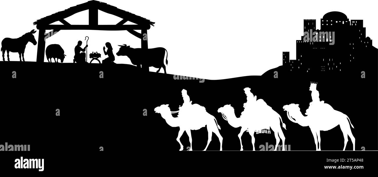 Presepe natalizio Bethlehem Manger Wise Men Illustrazione Vettoriale