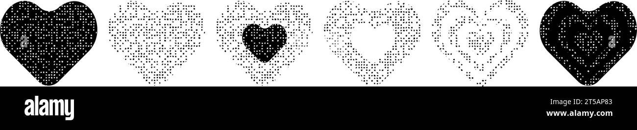 Collezione di icone a forma di cuore con texture sabbiosa. Simboli e segni diversi sotto forma di cuore con effetto rumore granuloso in nero. Vector Ill. (Guasto vettore Illustrazione Vettoriale