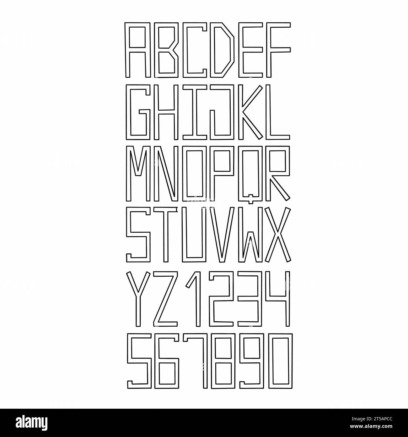 Scribbi i caratteri alfabetici alfabetici neri da A a Z alfabeti latini abc e cifre da 0 a 9 impostate. Illustrazione vettoriale in stile doodle scritto a mano isolato su bianco Illustrazione Vettoriale