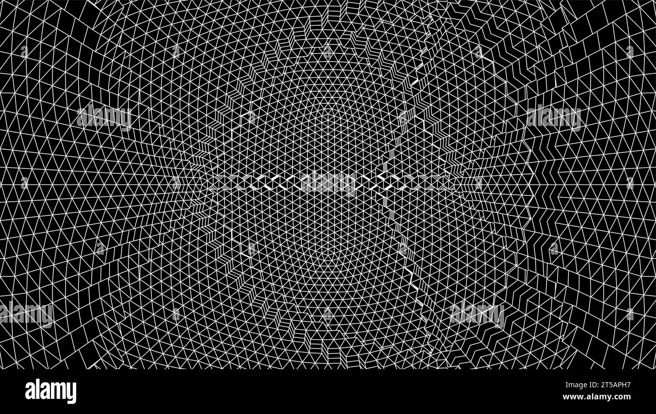Sfondo geometrico della griglia con mesh stile anni '80. Sfondo astratto cyberpunk con griglia computer retrò. Illustrazione Vettoriale