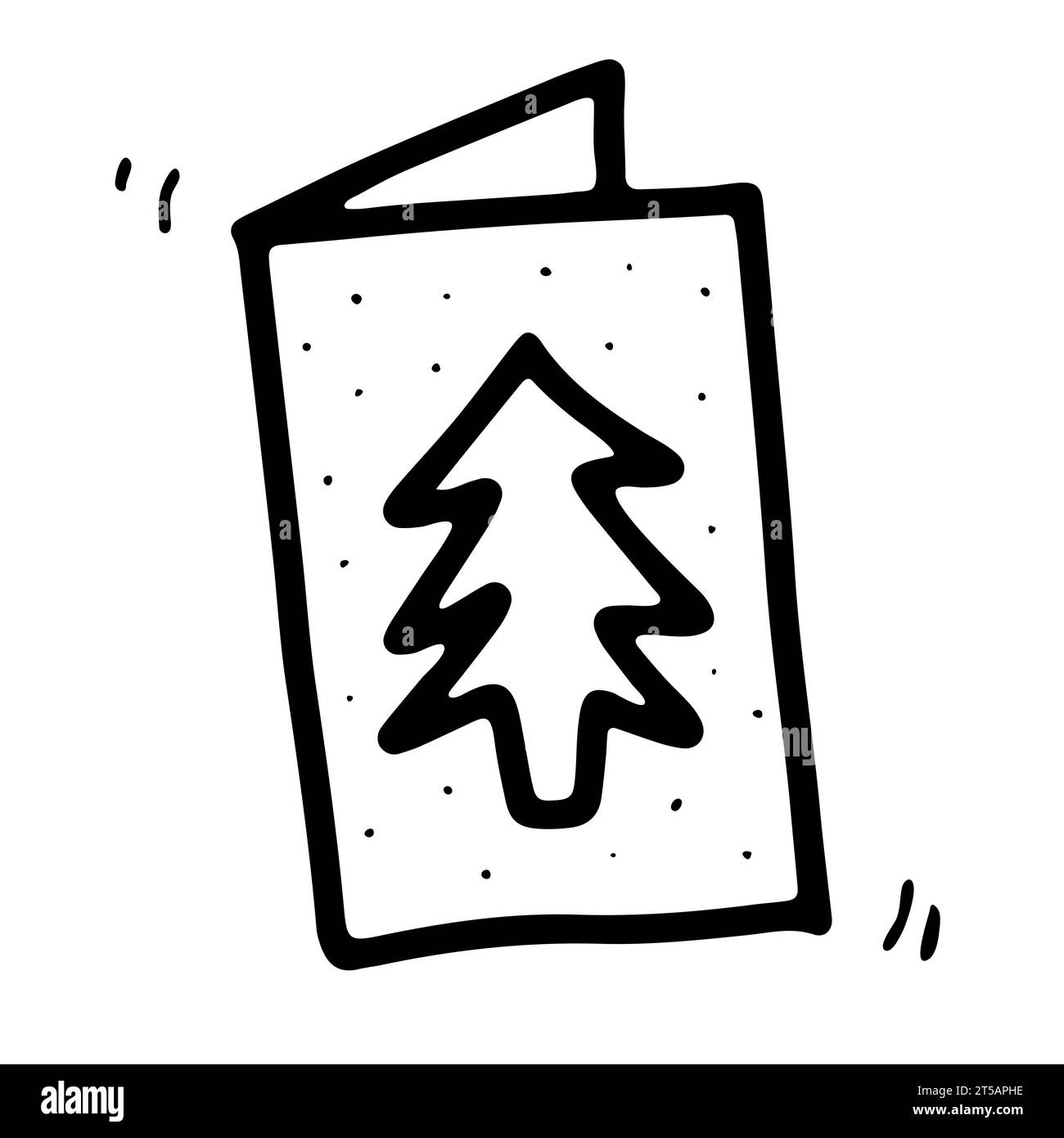Cartolina di Doodle con albero di Natale, fiocchi di neve. Carta invernale disegnata a mano isolata su sfondo bianco. Segno di congratulazioni, invito, posta Illustrazione Vettoriale