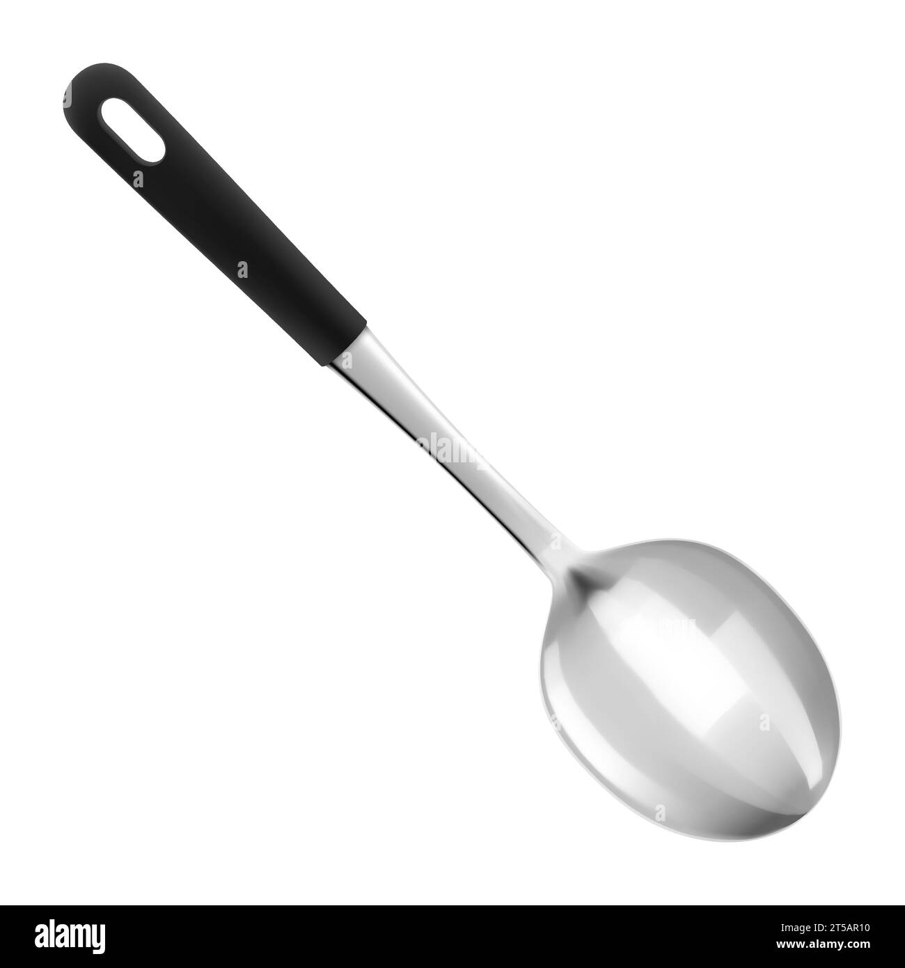 Grande cucchiaio in metallo con manico nero, isolato su sfondo bianco. Illustrazione vettoriale 3D realistica. Utensili da cucina per cucinare, stoviglie. Illustrazione Vettoriale