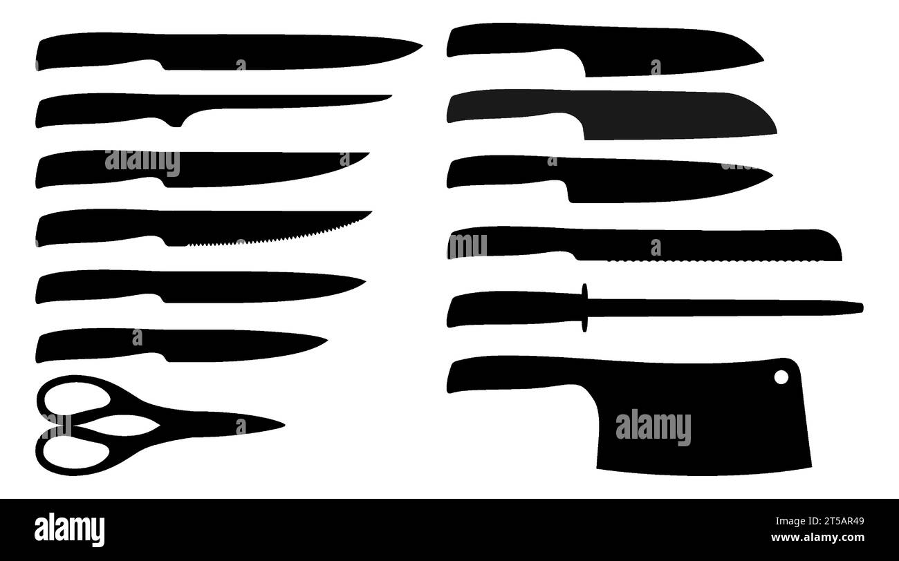 Set di icone coltelli da cucina isolate su sfondo bianco. Silhouette di utensili da cucina. Coltelli da macellaio, coltello da chef, versatili e per affettare la frutta Illustrazione Vettoriale