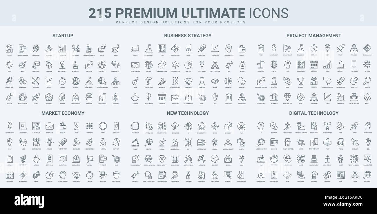 Avvio creativo e gestione dei progetti, mercato ed economia , tecnologia digitale icone a linee nere sottili impostano l'illustrazione vettoriale. Delineare i simboli dell'analisi della strategia aziendale, dell'intelligenza artificiale e dell'apprendimento automatico Illustrazione Vettoriale