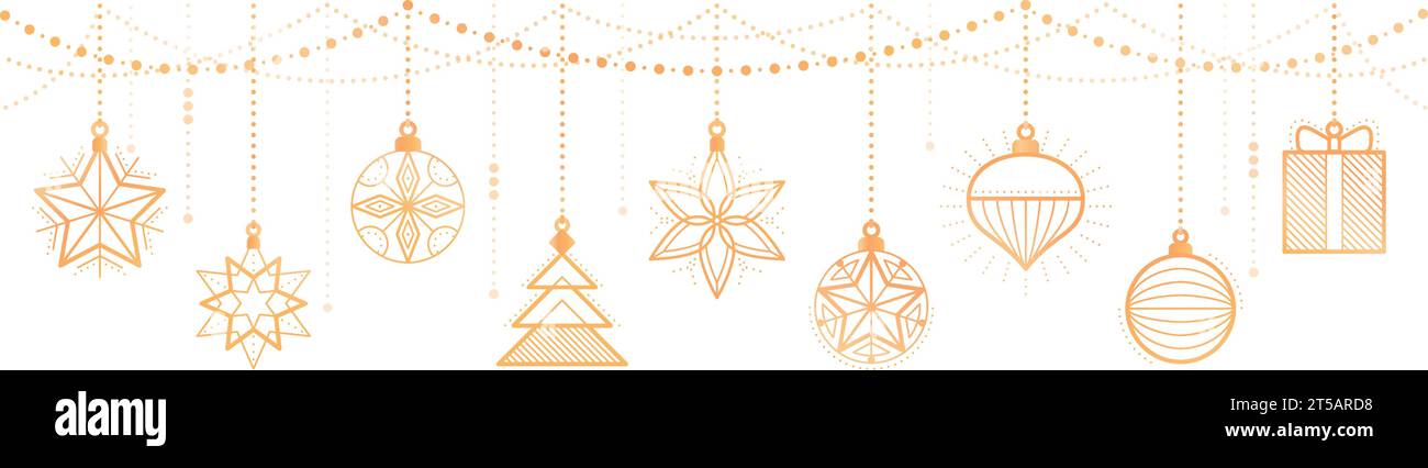 Banner natalizio e felice anno nuovo con decorazioni dorate di lusso appese, spazio copia Illustrazione Vettoriale