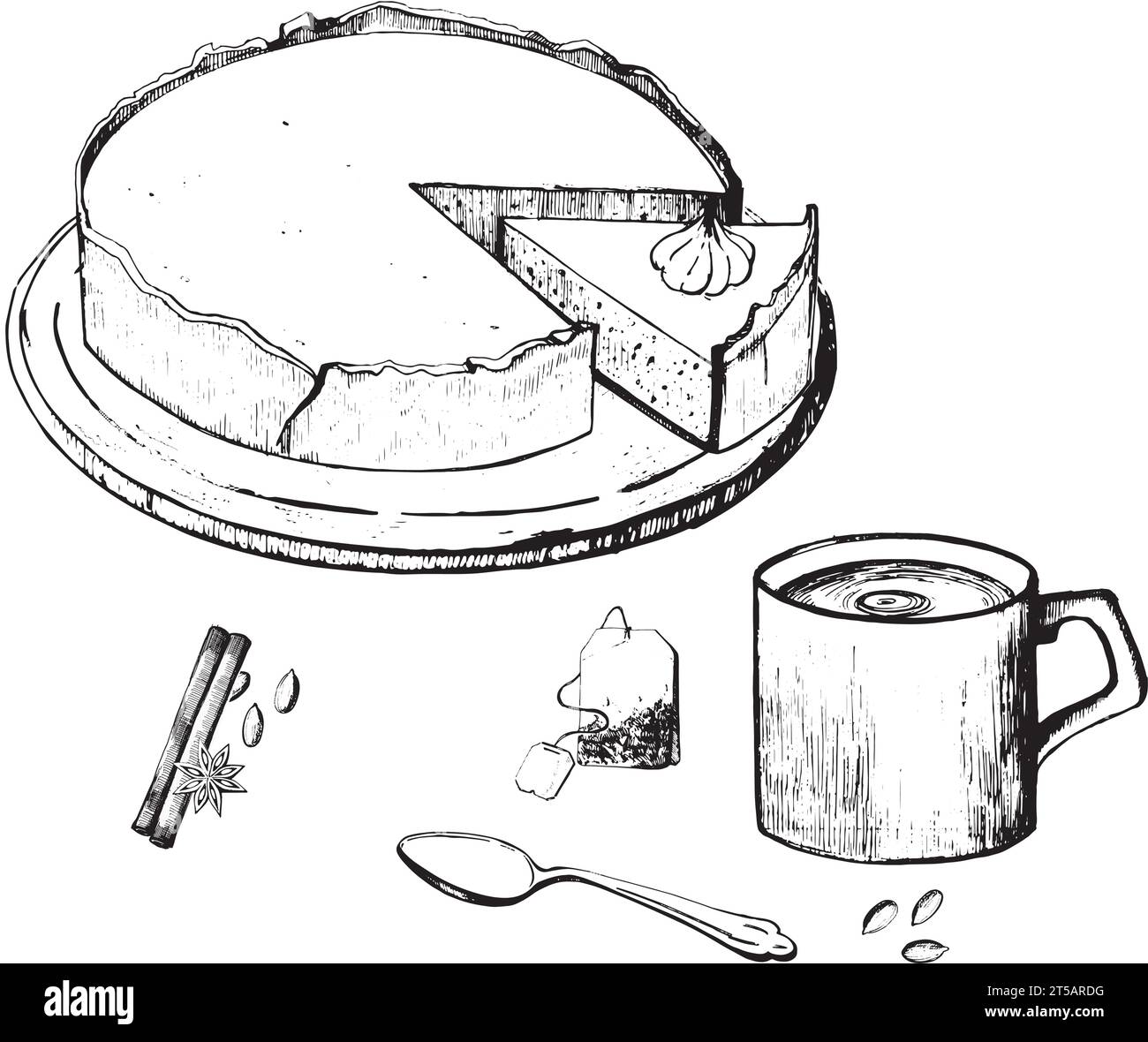 Torta di zucca con una tazza di tè, spezie, cucchiaio disegnato in vettoriale su sfondo bianco con una linea nera. Adatto per la stampa su tessuto, stoviglie Illustrazione Vettoriale