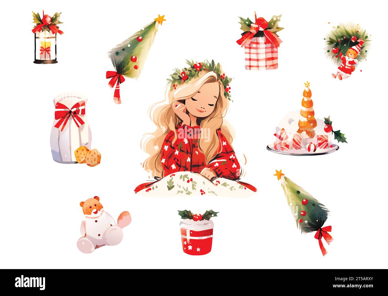 Set di elementi ad acquerello natalizio. Clip natalizia per cartolina di natale, adesivo e stampa. Illustrazione Vettoriale