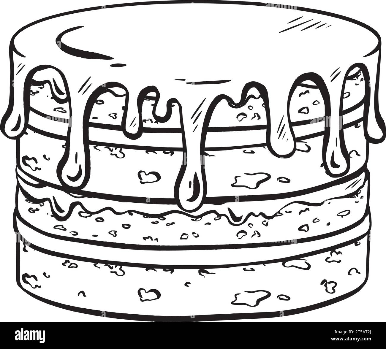 Schizzo vettoriale disegnato a mano. Deliziosa torta di compleanno a più strati. Torta nuziale con vari ripieni tra strati di spugna. Gocciolando glassa di cioccolato Illustrazione Vettoriale