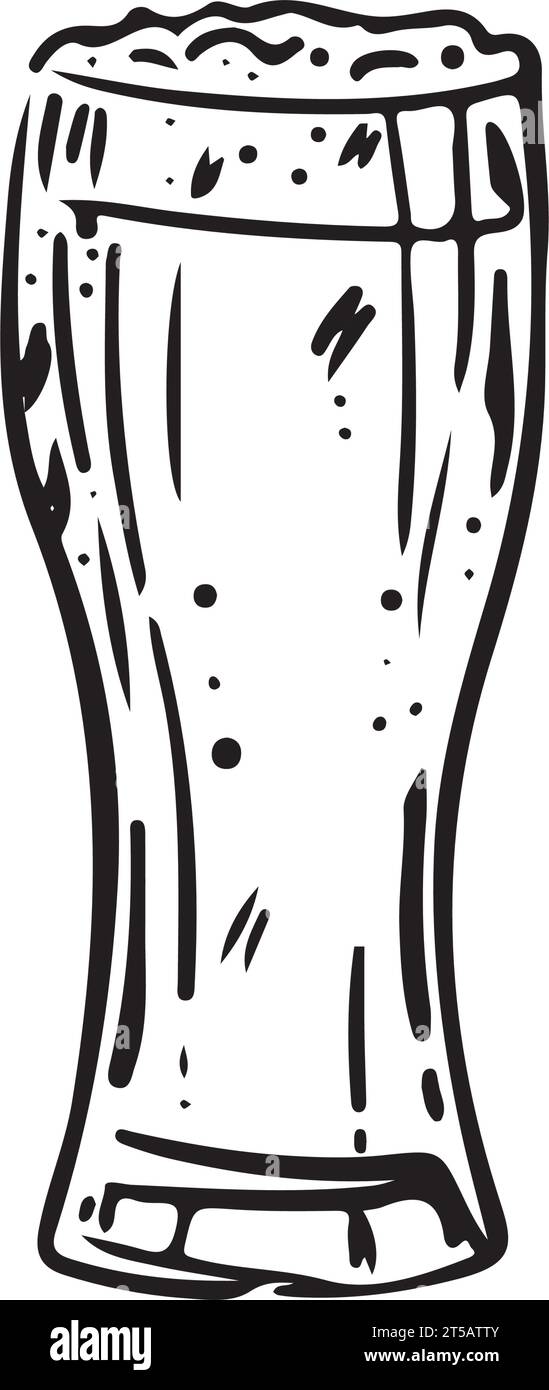 Bicchiere per birra con schiuma. Silhouette nere disegnate a mano di occhiali. Illustrazione vettoriale di bicchieri d'acqua. Stile piatto in vetro simbolo Illustrazione Vettoriale