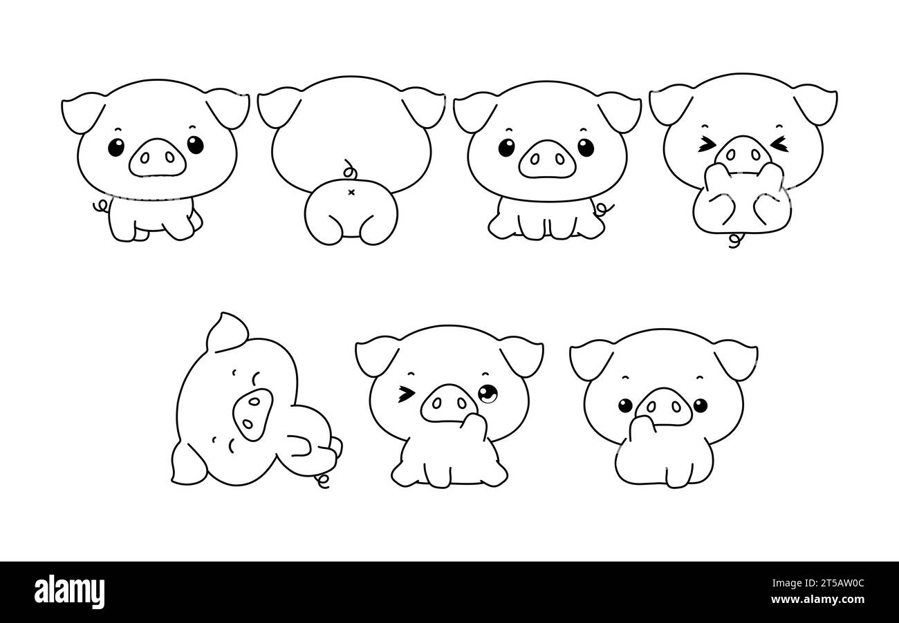 Collezione di Vector Cartoon Baby Pig Coloring Page. Set di Kawaii Isolated Animal Outline per adesivi, Baby Shower, Coloring Book, stampe per Illustrazione Vettoriale