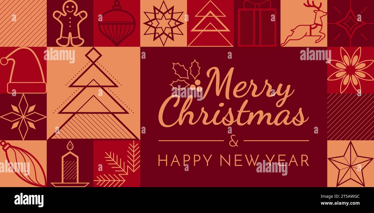 Cartolina natalizia e vacanze invernali con auguri e icone decorative vettoriali, spazio copia Illustrazione Vettoriale