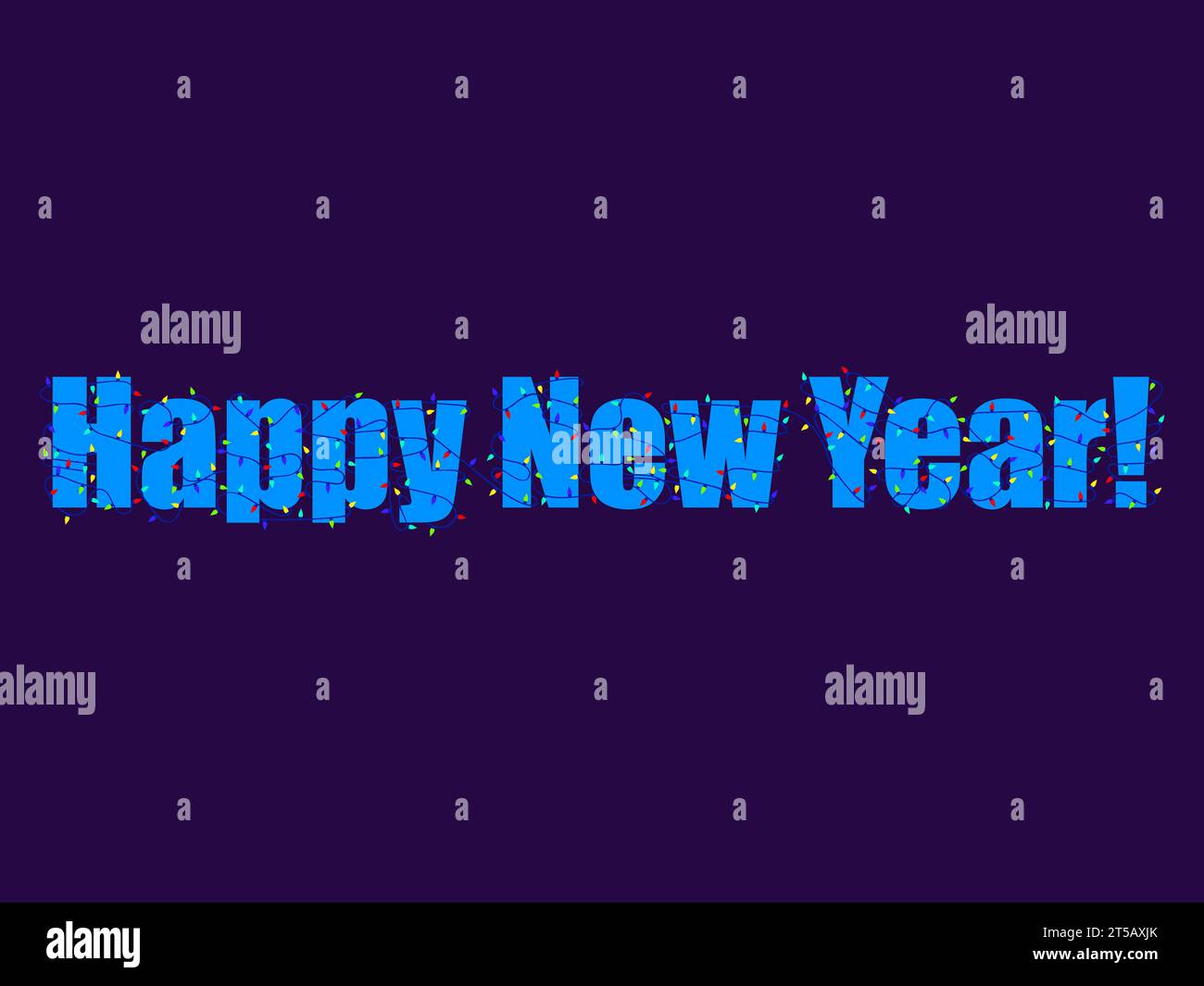 Buon anno nuovo. Testo intrecciato con ghirlande di Natale. Le luci delle festività sono rosse, blu e verdi. Banner natalizio. Design per salutare l'auto Illustrazione Vettoriale