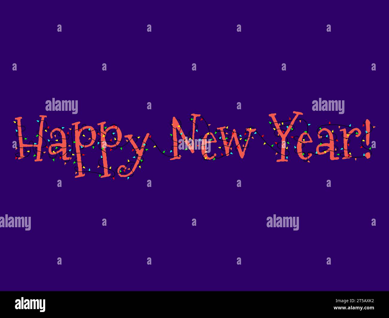 Buon anno nuovo. Testo intrecciato con ghirlande di Natale. Le luci delle festività sono rosse, blu e verdi. Banner natalizio. Design per salutare l'auto Illustrazione Vettoriale