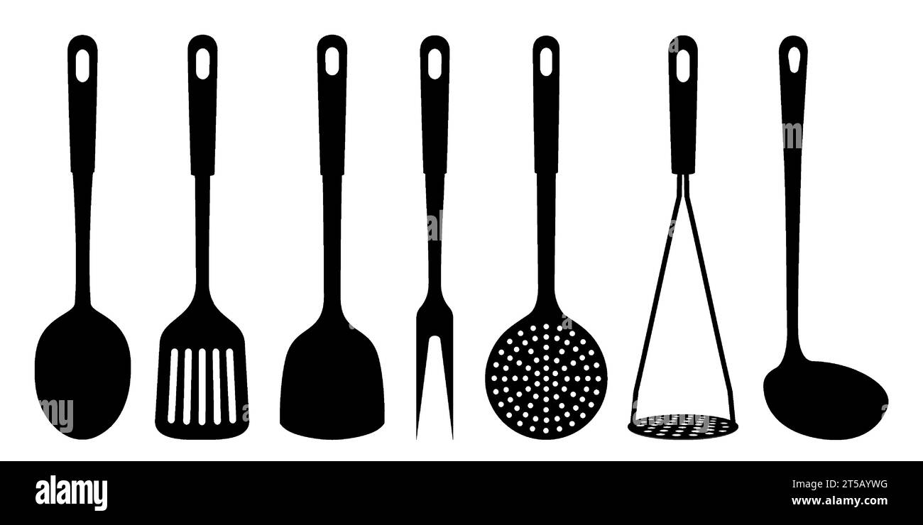 Set di mestolo per zuppa e cucchiaio a taglio, spatola da cucina, schiacciapatate, cucchiaio per Skimmer, forchetta per carne, cucchiaio grande, sagome di utensili da cucina, isolato Illustrazione Vettoriale
