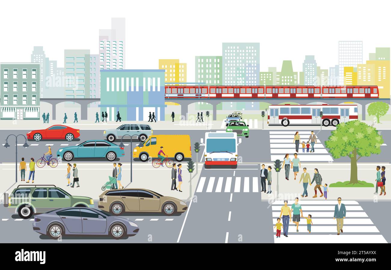 Traffico stradale e treno sopraelevato con autobus cittadino, gente nella grande città, illustrazione Illustrazione Vettoriale