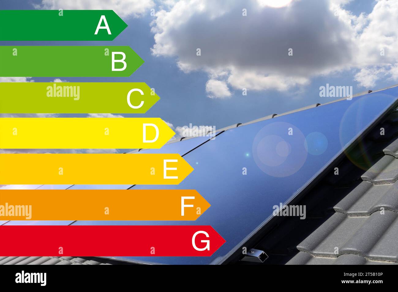 Tetto solare su una casa indipendente con etichetta energetica dell'Unione europea Foto Stock