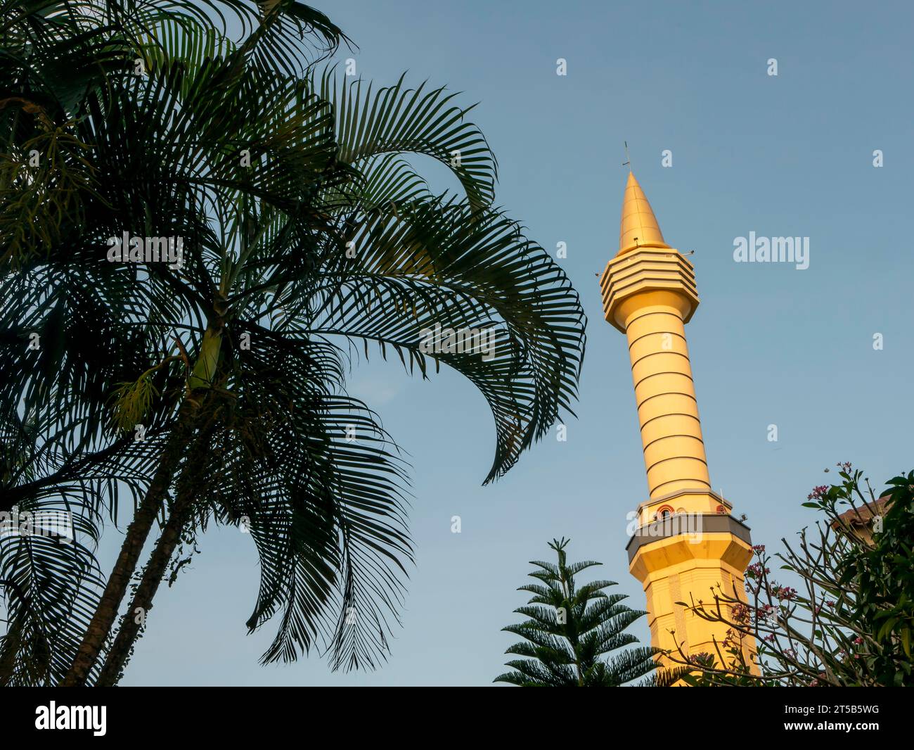 Torre della moschea Universitas Gadjah Mada (Masjid Kampus UGM), con cielo blu e sfondo di foglie di palma. Foto Stock