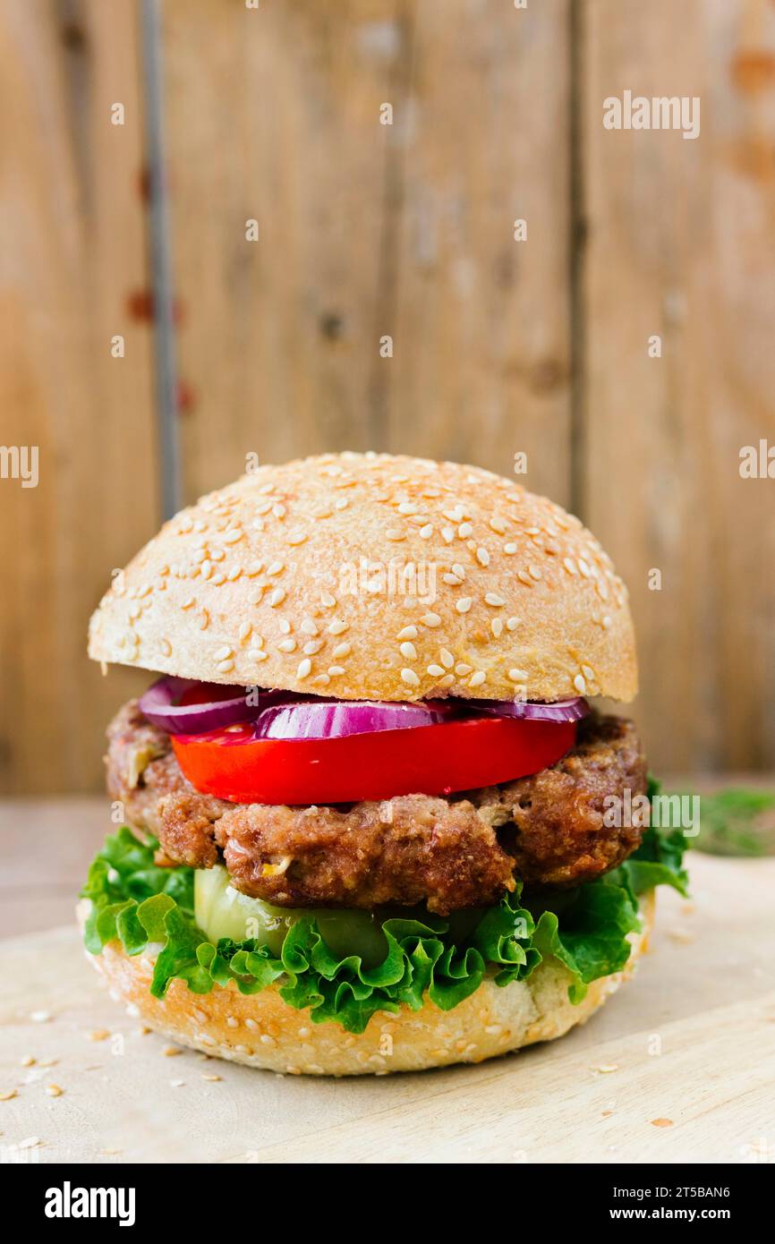 Chiudere l'hamburger con il piatto di patatine fritte Foto Stock Chiudere l'hamburger con il piatto di patatine fritte Foto Stock