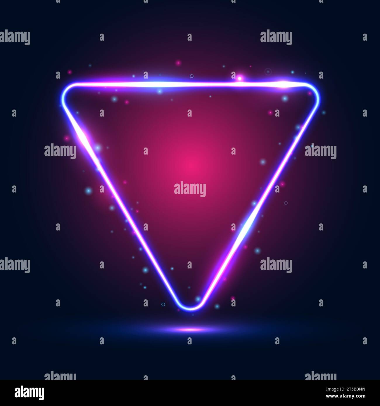 Cornice triangolare al neon con effetti luminosi e evidenziazioni su sfondo blu-rosa scuro. Illustrazione Vettoriale