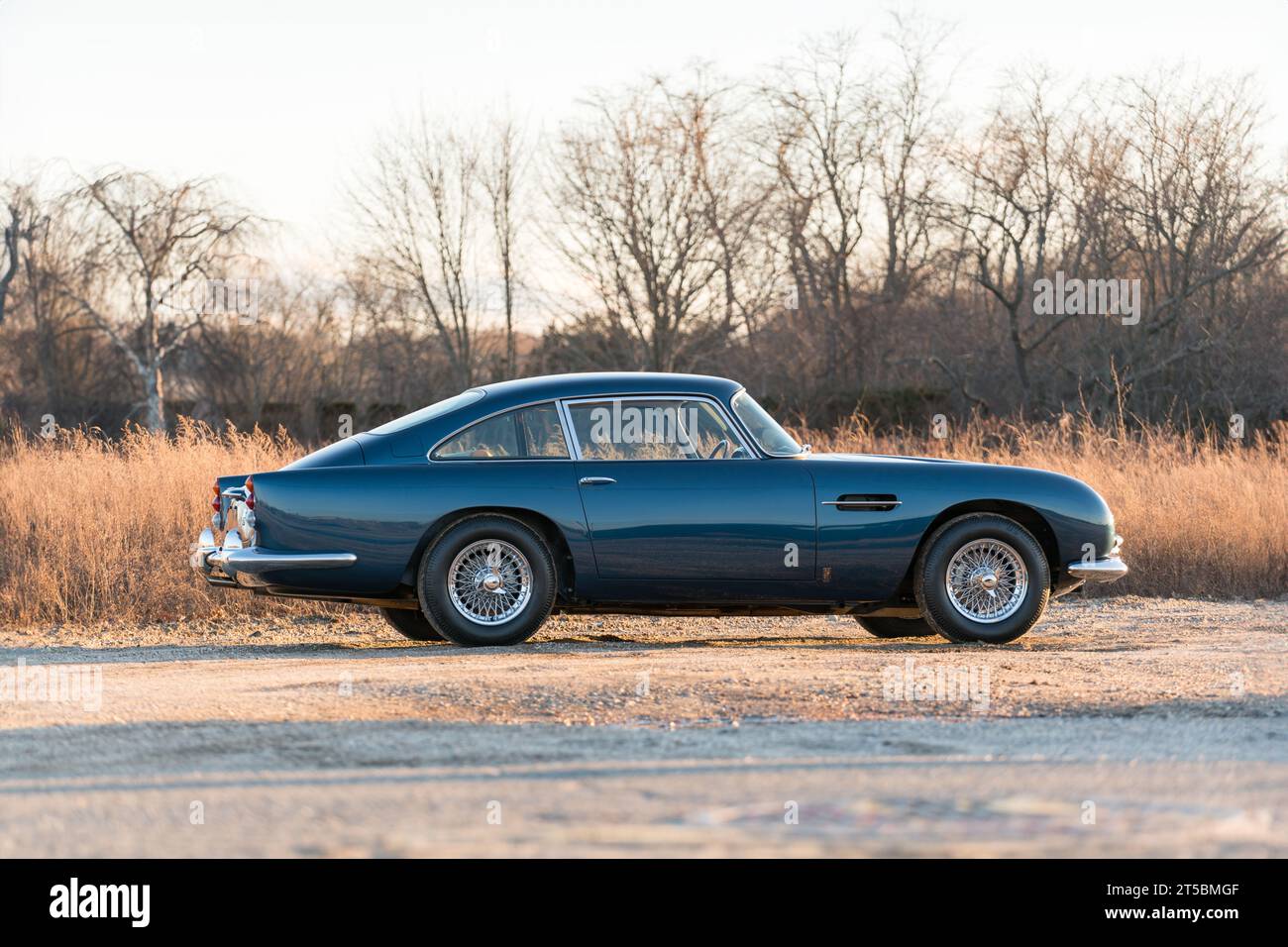 Aston Martin DB5 1965, vista laterale che include la carrozzeria Superleggera in alluminio e le iconiche ruote in filo cromato Foto Stock