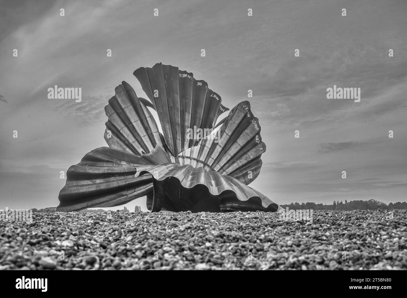 L'immagine è della scultura Scallop Shell, situata sulla spiaggia della Suffolk Heritage Coast e storica località di villeggiatura di Aldeburgh Foto Stock