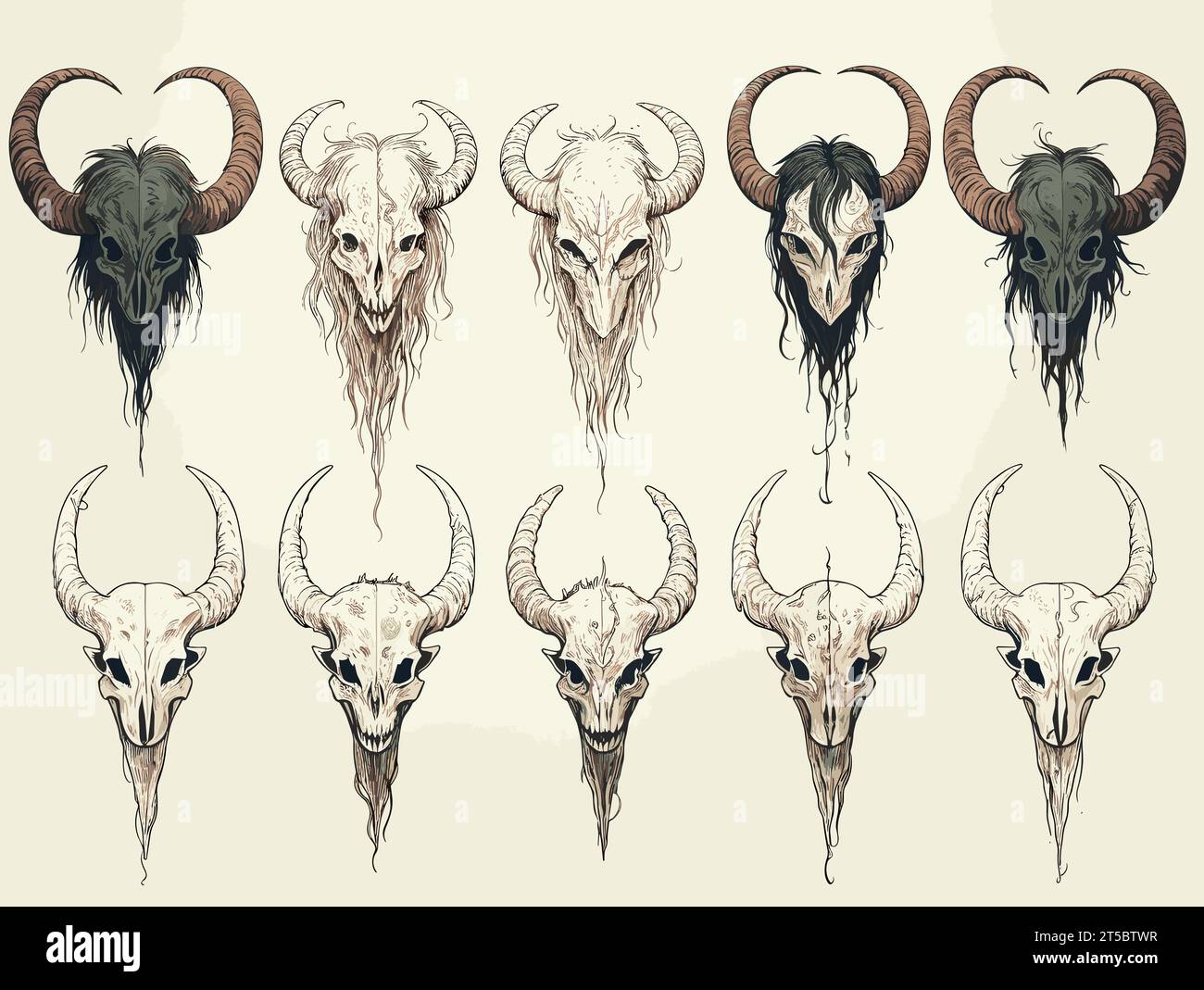 Disegno di 8 tipi di corna Satanic Goat Head (testa di capra satanica) illustrazione Sheep Skull (teschio di pecora) separati, linee tratteggiate. Illustrazione Vettoriale