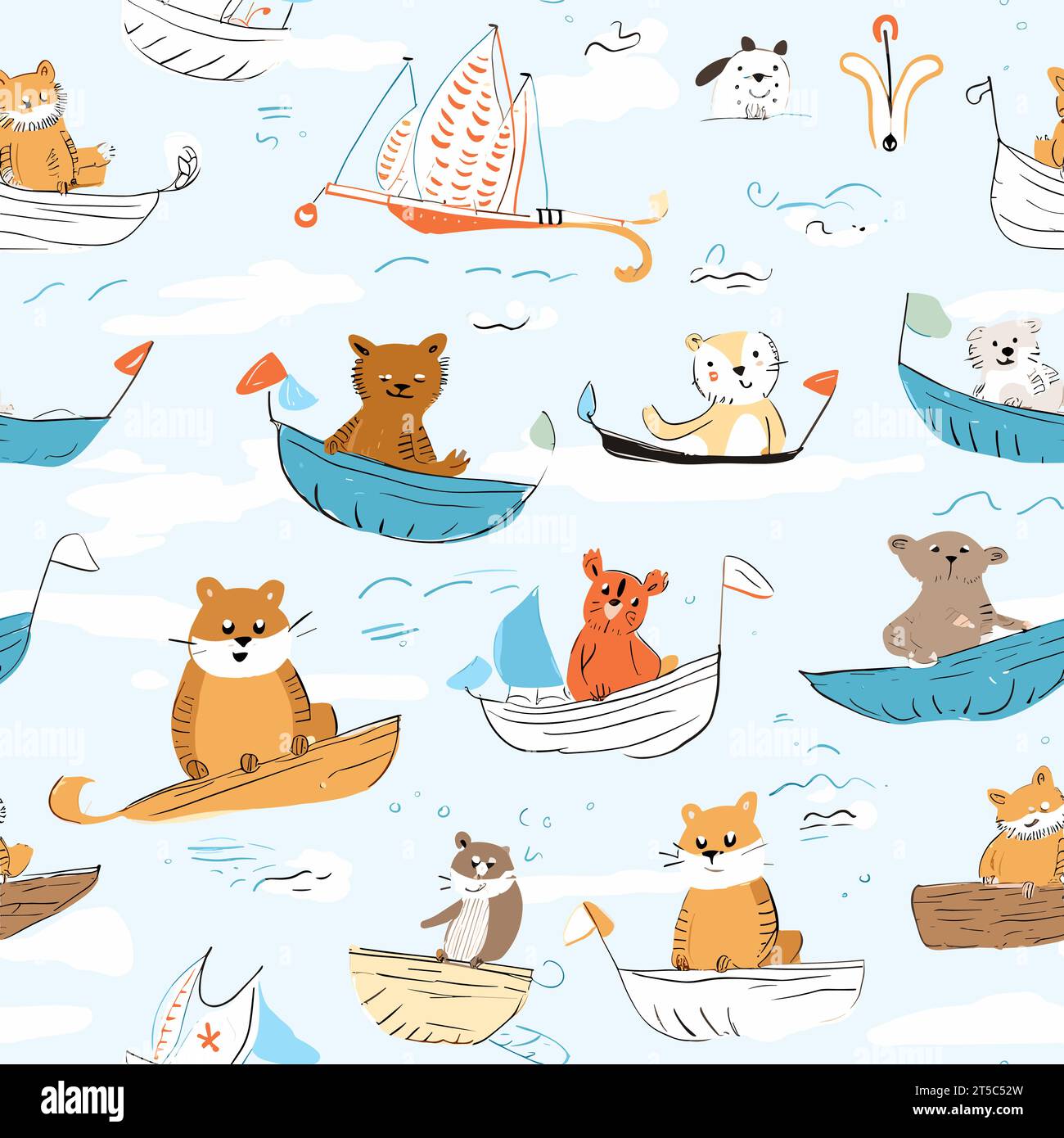 Disegno di simpatici animali sulle barche illustrazione del disegno del modello del mare per bambini separata, linee estese e sovradisegnate. Illustrazione Vettoriale