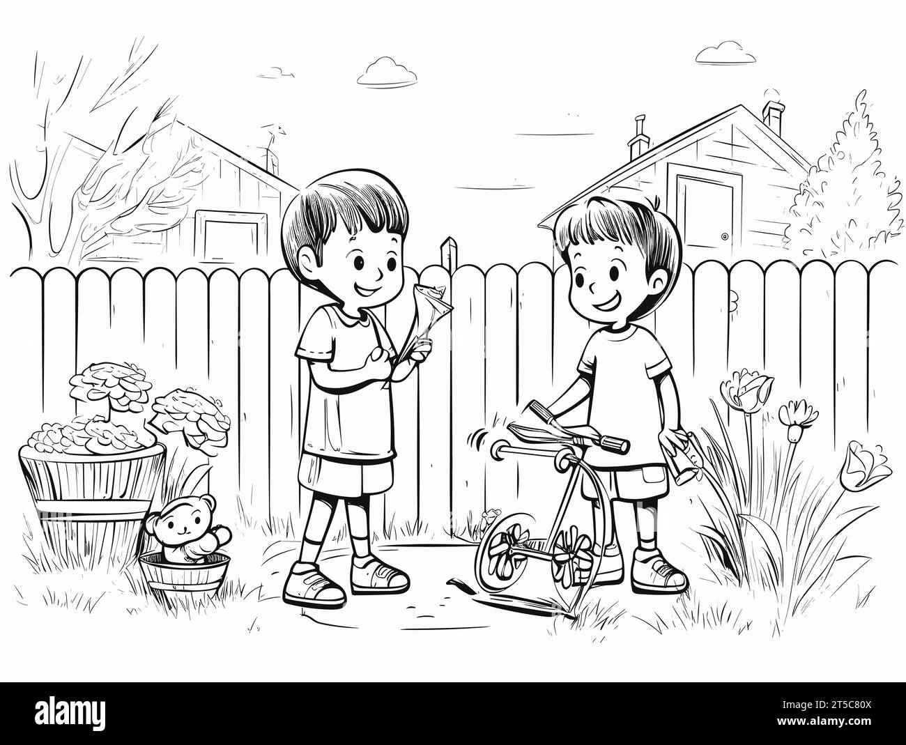 Disegno di disegno disegno disegno giardino illustrazione per bambini separata, linee sovrapposte. Illustrazione Vettoriale