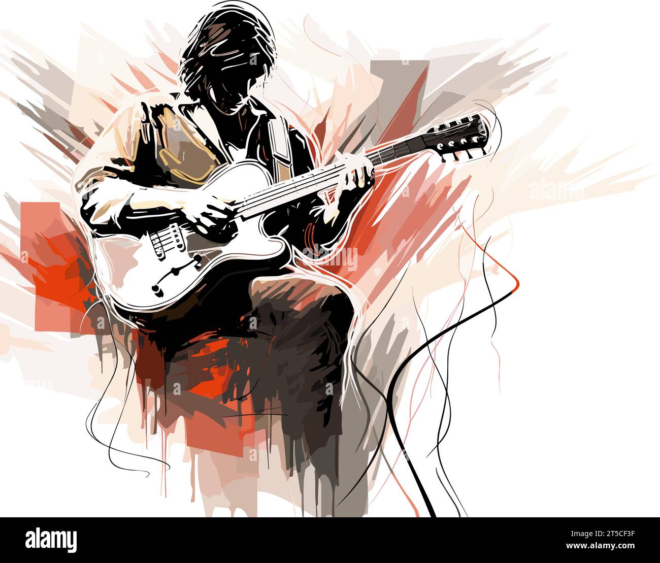 Disegno di musica dal vivo suonatore di chitarra e illustrazione pubblica separate, linee estese e sovradisegnate. Illustrazione Vettoriale