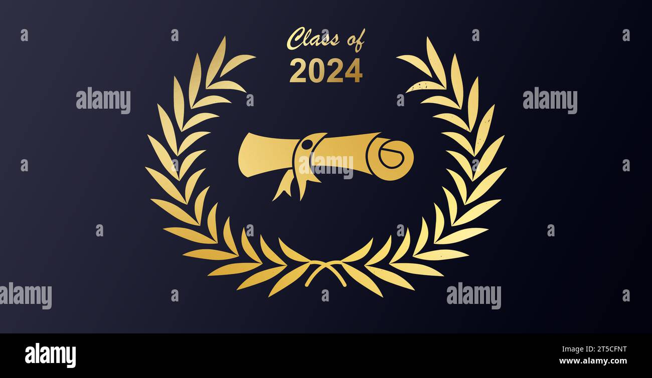 Classe di graduazione 2024 con cappello di graduazione su sfondo di seta nera. Illustrazione vettoriale EPS10 Foto Stock
