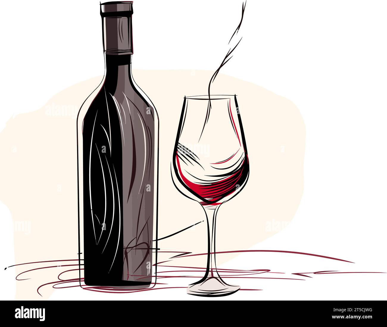 Disegno di un'immagine stilizzata - illustrazione di una bottiglia di vino e di un bicchiere separati, linee sovradisegnate. Illustrazione Vettoriale