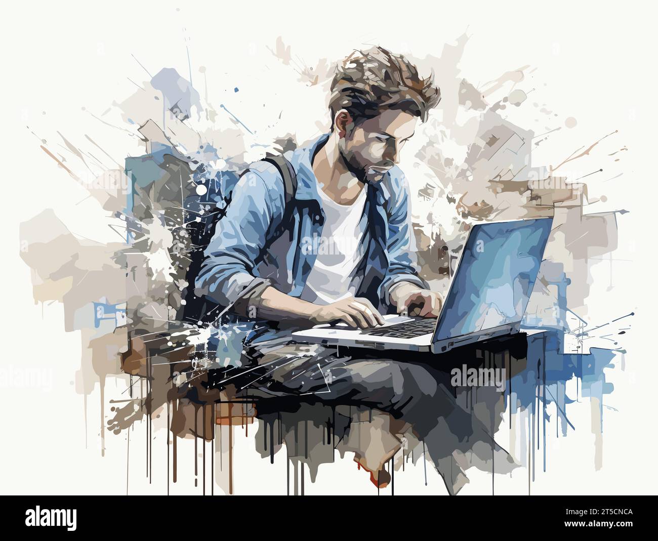 Disegno di un giovane seduto alla scrivania che lavora al computer portatile illustrazione separata, linee sovradisegnate. Illustrazione Vettoriale