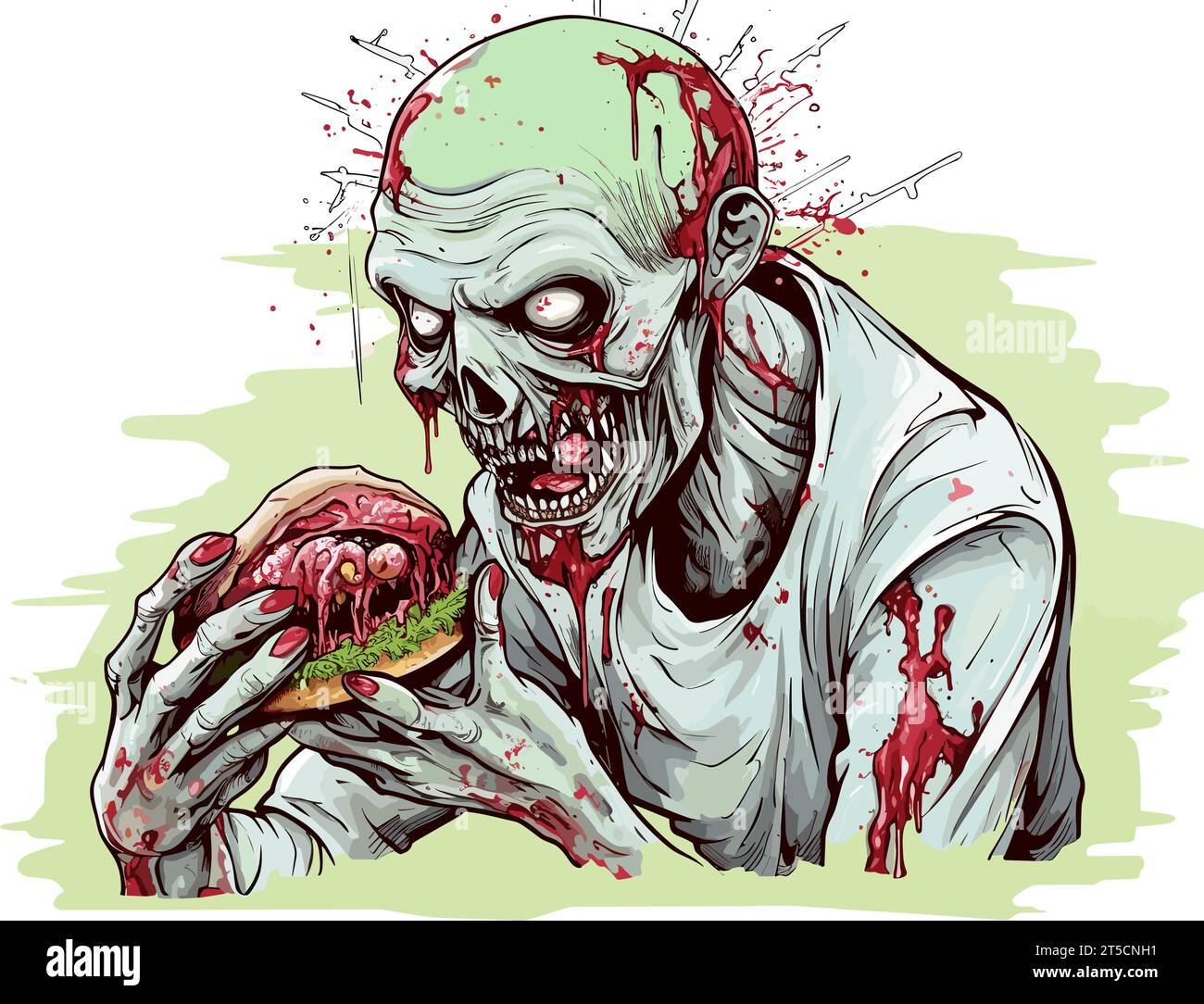 Il disegno di Zombie mangia un'illustrazione di hamburger separata, con linee sovrapposte. Illustrazione Vettoriale