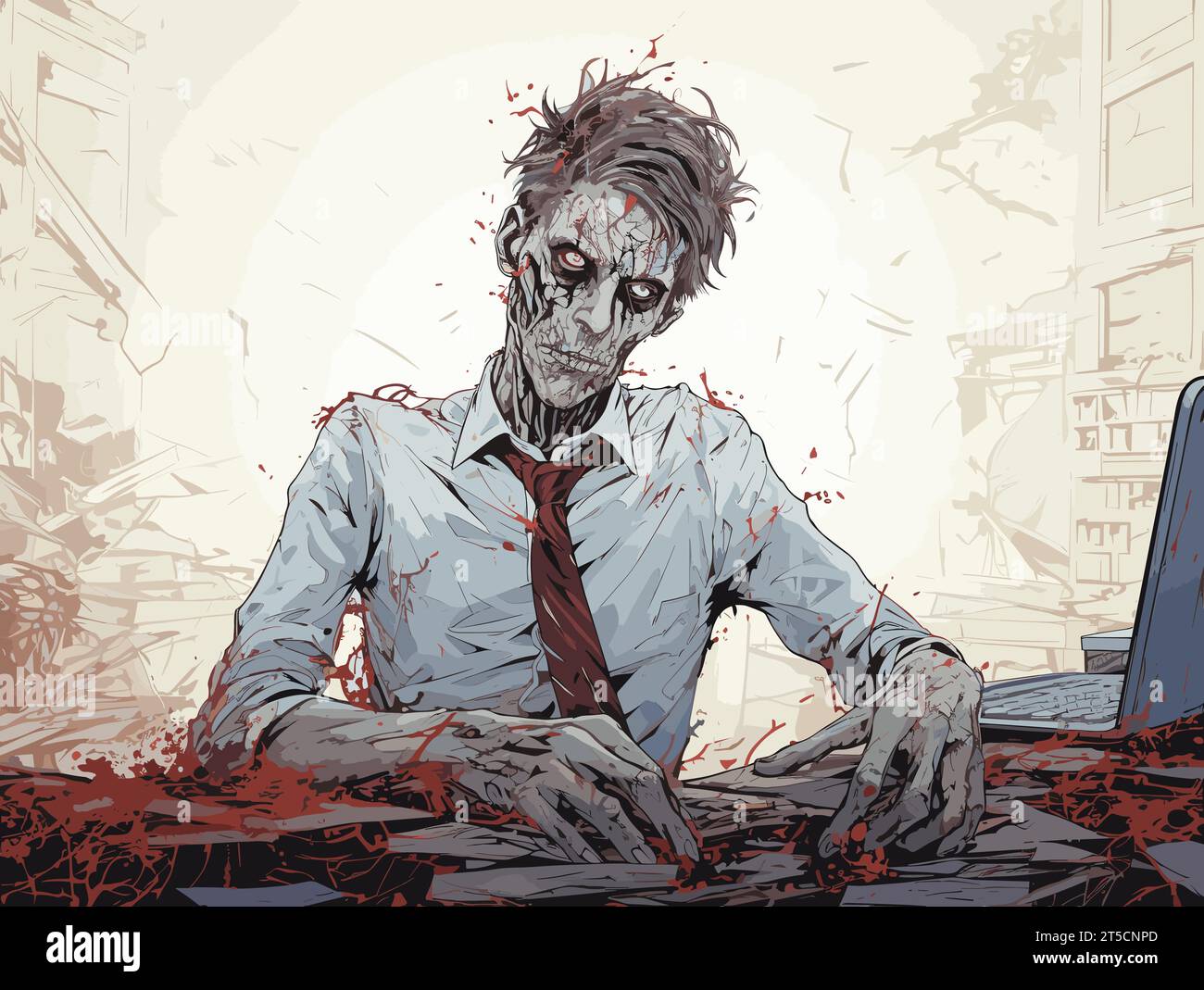Disegno dell'illustrazione di Zombie per un lavoratore d'ufficio separato, con linee sovrapposte. Illustrazione Vettoriale