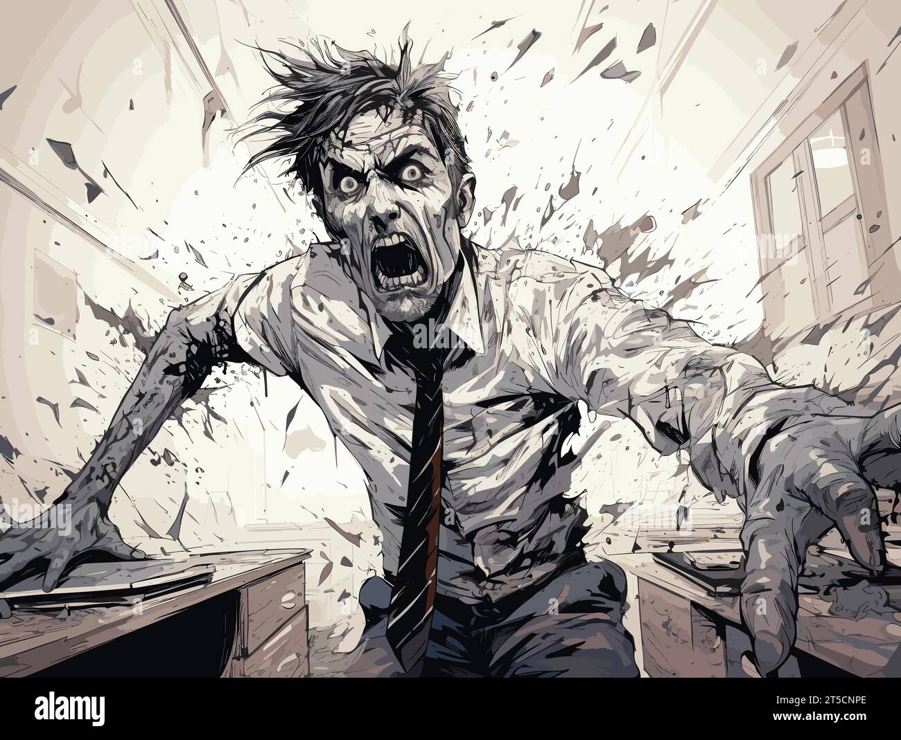 Disegno dell'illustrazione di Zombie per un lavoratore d'ufficio separato, con linee sovrapposte. Illustrazione Vettoriale