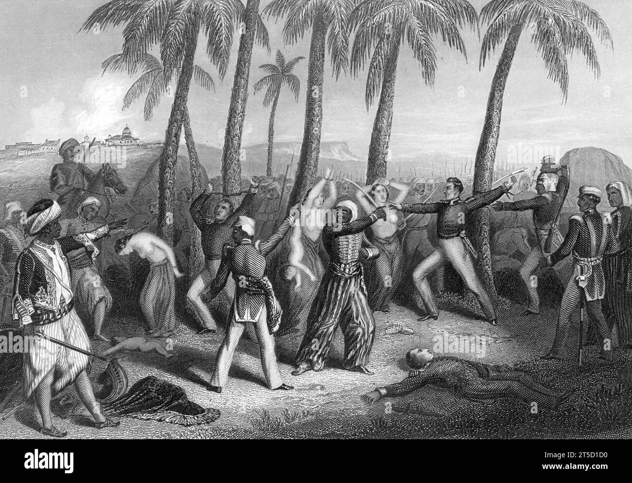 Indian Mutiny, 1857. Il massacro degli ufficiali inglesi e delle loro mogli a Jhansi, incisione, 1859 Foto Stock