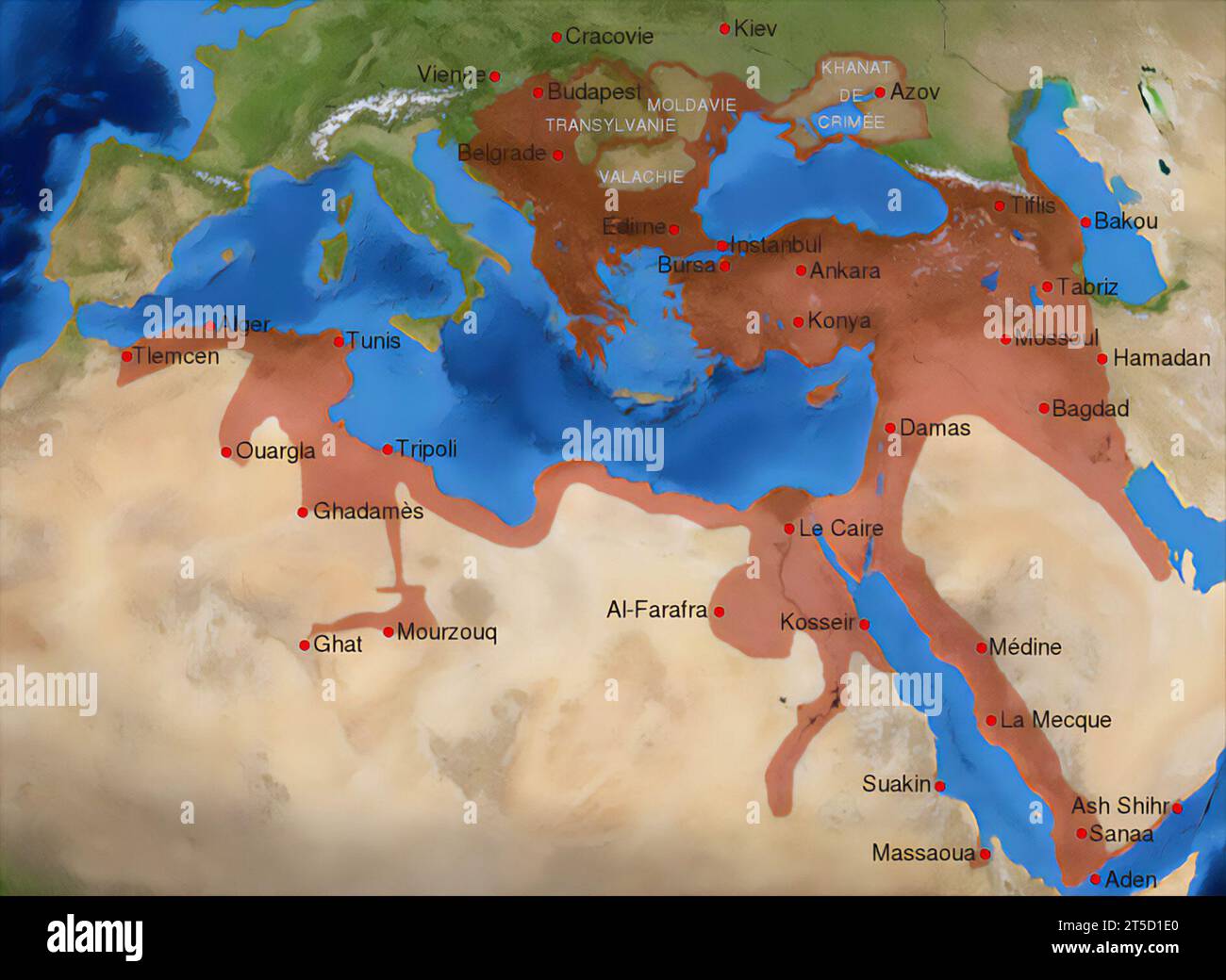 Mappa dell'Impero Ottomano, segnata in rosso, al suo apice nel XVI e XVII secolo Foto Stock