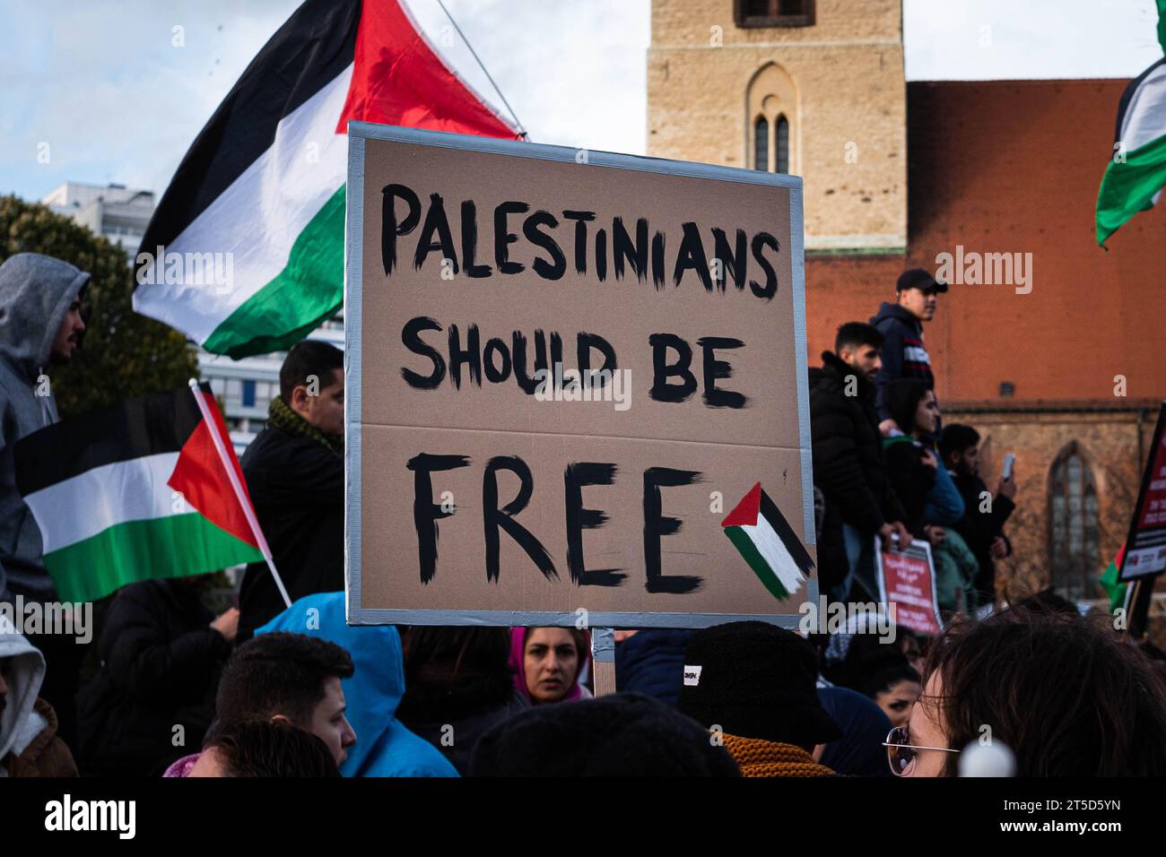 Berlino, Germania - 4 novembre: Firma (dicendo: La Palestina dovrebbe essere libera) sulla dimostrazione della Palestina libera a Berlino Foto Stock