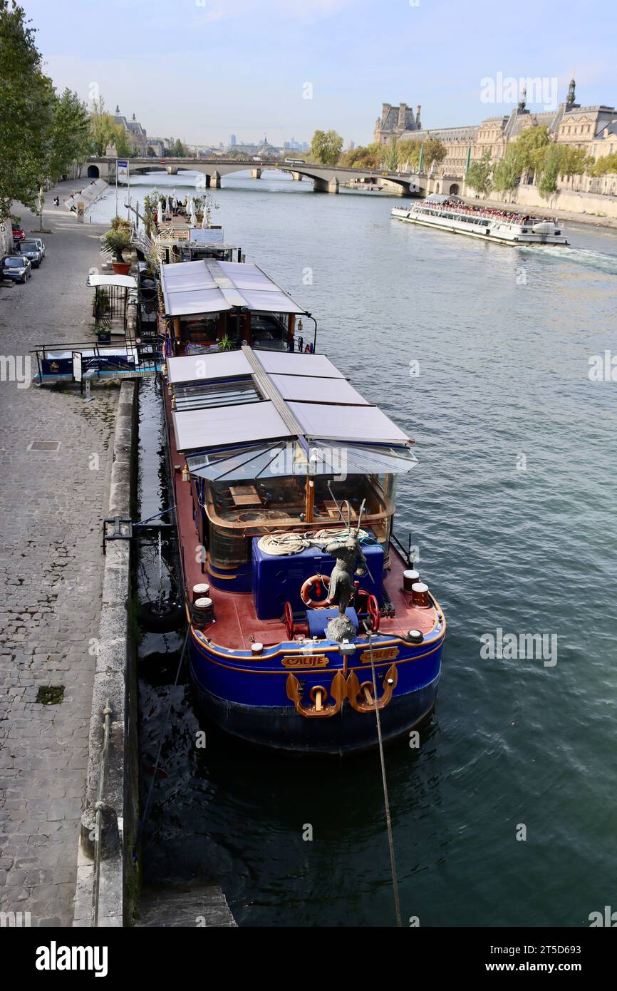 Case galleggianti sul fiume Senna sulla Rive Gauche a Parigi, Francia Foto Stock