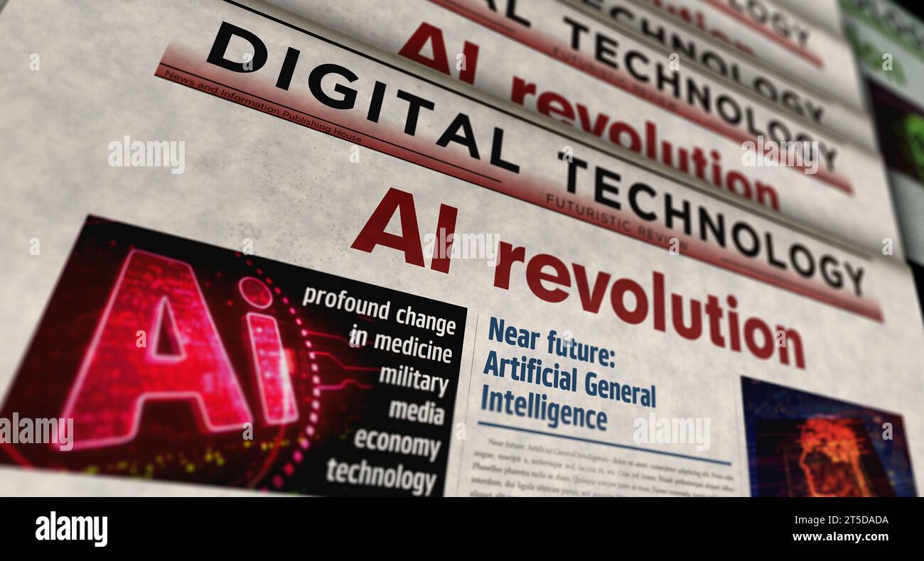 Rivoluzione DELL'INTELLIGENZA artificiale innovazione tecnologica notizie vintage e stampa di giornali. Titolo retro concept astratto illustrazione 3D. Foto Stock