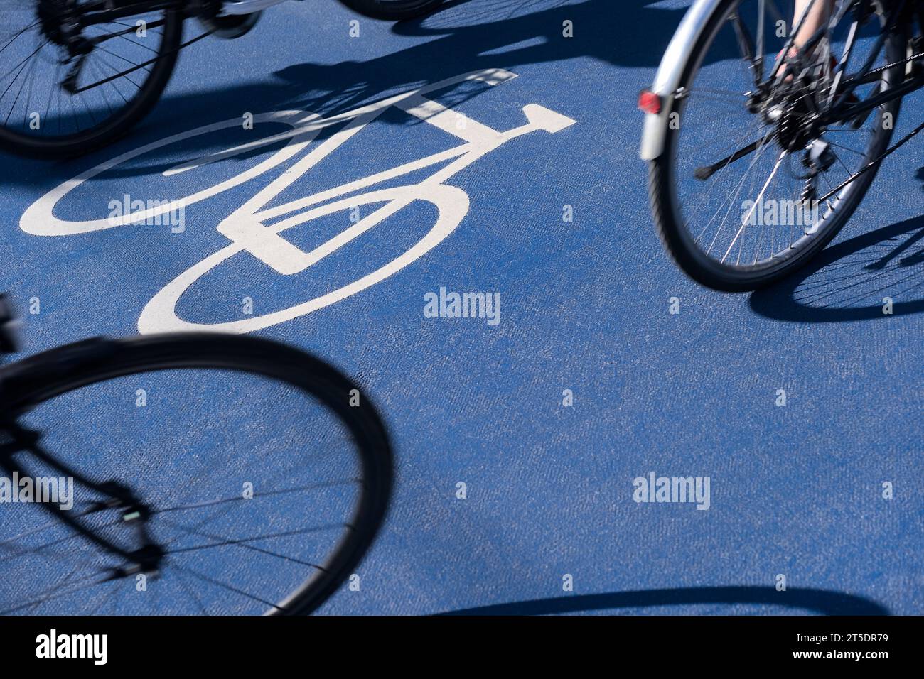 Ciclisti in bicicletta sulla pista ciclabile della città con segnaletica blu Foto Stock