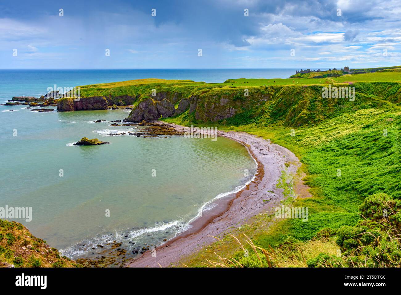 Strathlethan Bay dal sentiero costiero al castello di Dunnottar (a destra), vicino a Stonehaven, Aberdeenshire, Scozia, Regno Unito Foto Stock