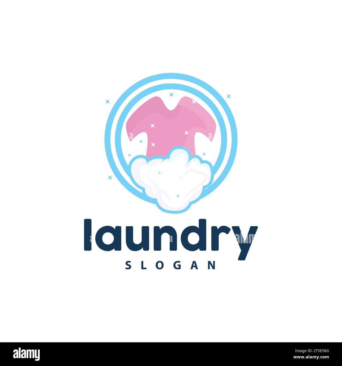Logo per la lavanderia, vettoriale per la pulizia, icona per la lavanderia con lavatrice, bolla per abiti e schiuma, modello di disegno con simbolo illustrativo Illustrazione Vettoriale