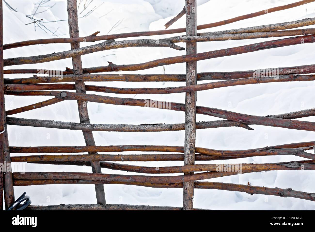 Vimini per recinzione da rami di salice su uno sfondo di neve Foto Stock