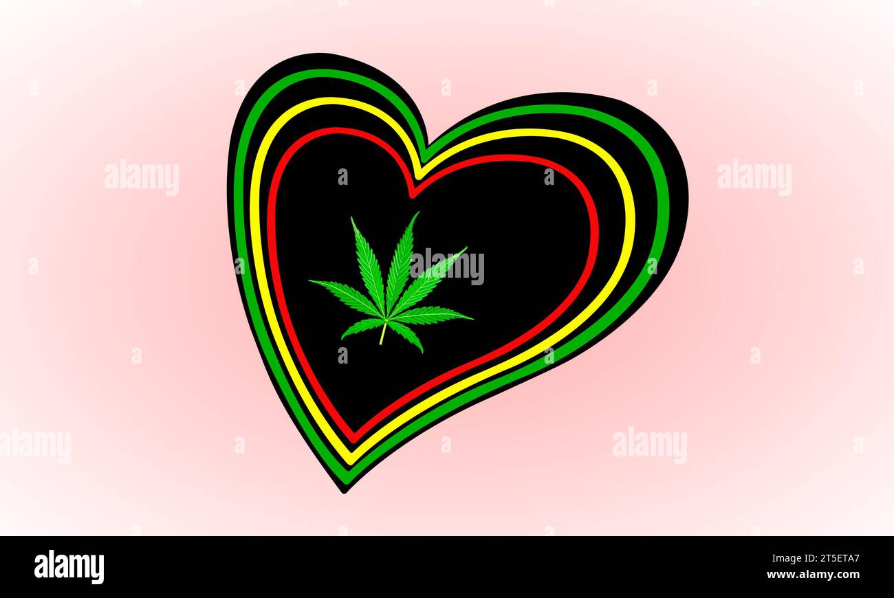 Foglia di cannabis verde con logo a base di erbe a forma di cuore. Linee cardiache verdi, gialle e rosse sui cuori neri. Foto Stock