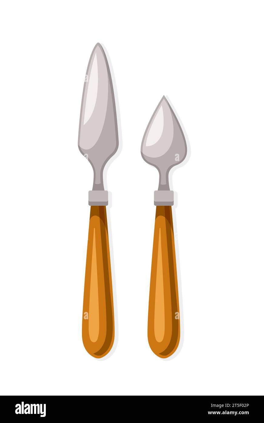 Fornitura colorata per il concetto di pittura. Set di coltelli per verniciatura. Attrezzature per la creatività e l'arte. Elemento grafico per il sito Web. Illustrazione vettoriale piatta dei cartoni animati Illustrazione Vettoriale