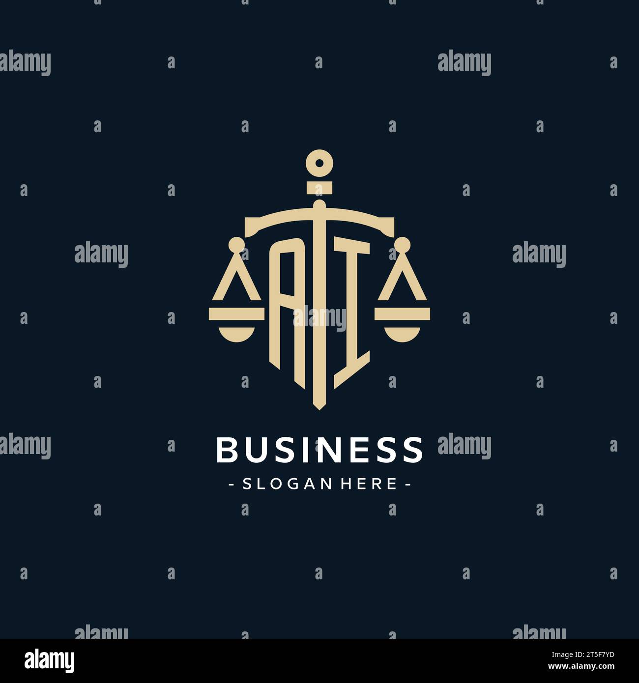 Logo iniziale AI con scala di giustizia e icona dello scudo, stile lussuoso ed elegante logo dello studio legale Illustrazione Vettoriale