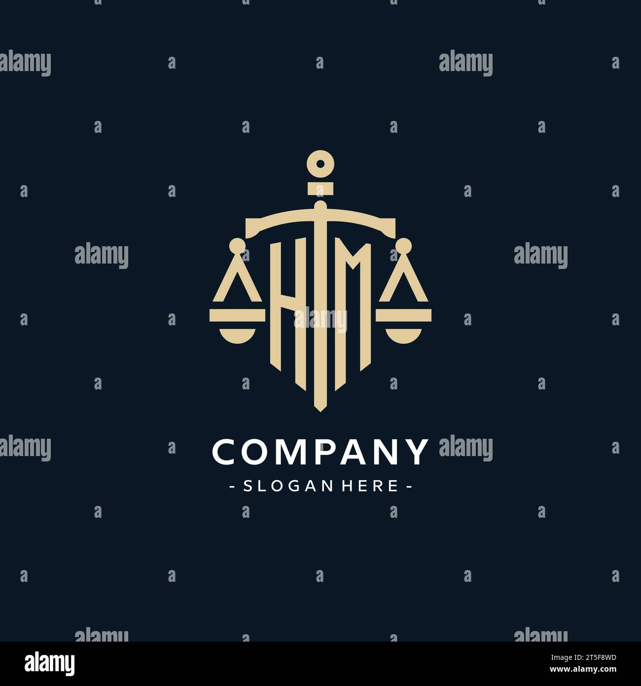 Logo iniziale HM con scala di giustizia e icona dello scudo, stile elegante e lussuoso logo dello studio legale Illustrazione Vettoriale